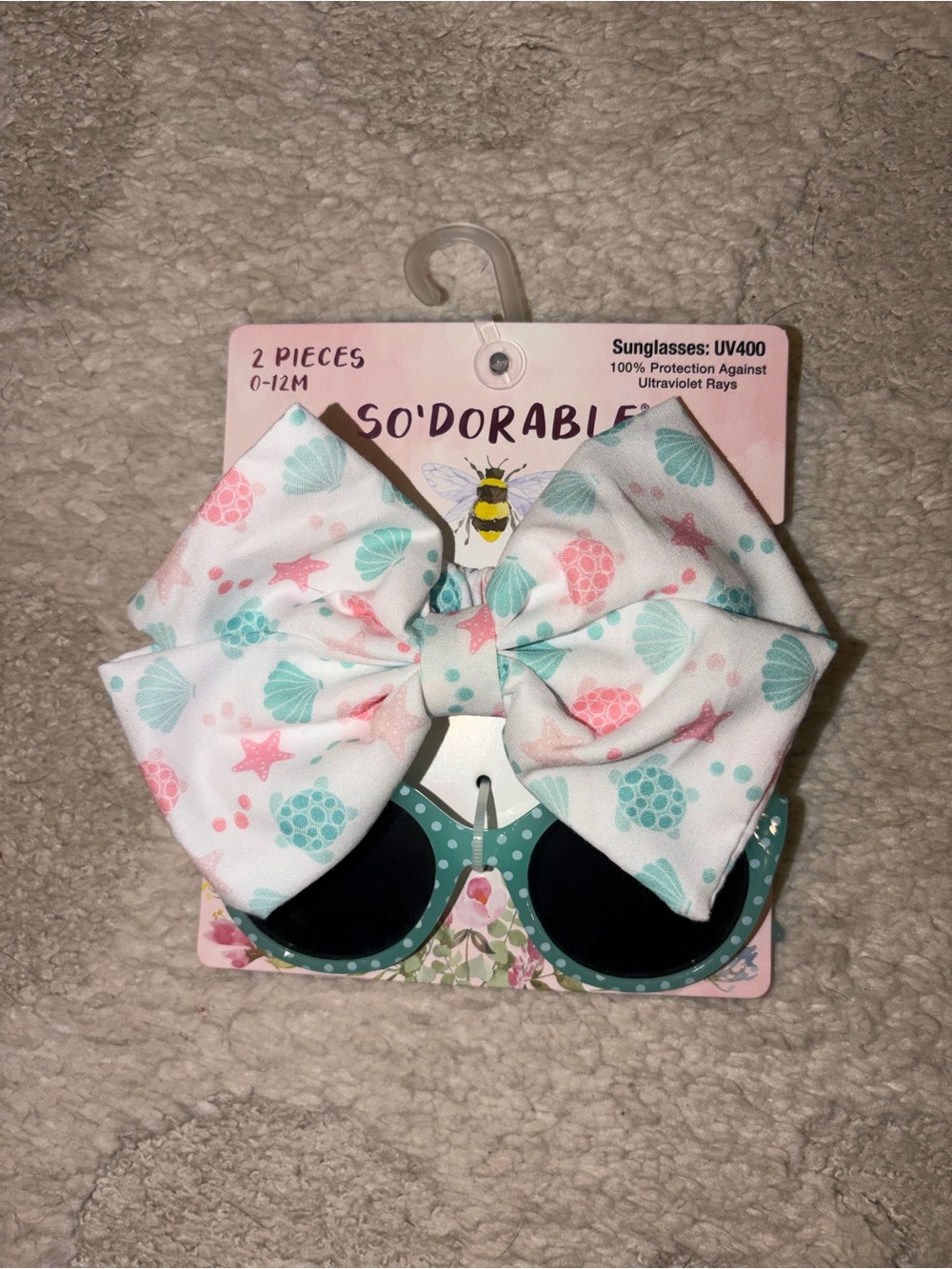 Baby Bow Headband with Mint & Pink Seashell Print & turquoise sunglasses